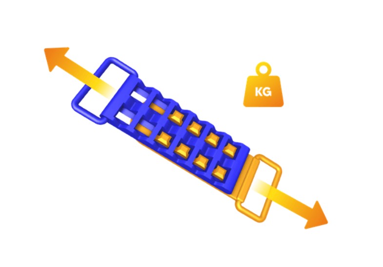 Polyfyx composite fastener with flexible coupling pins and corresponding openings.