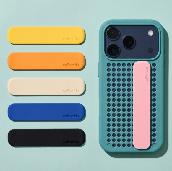 Callbuddy smartphone grip range in multiple colours next to an installed phone case.